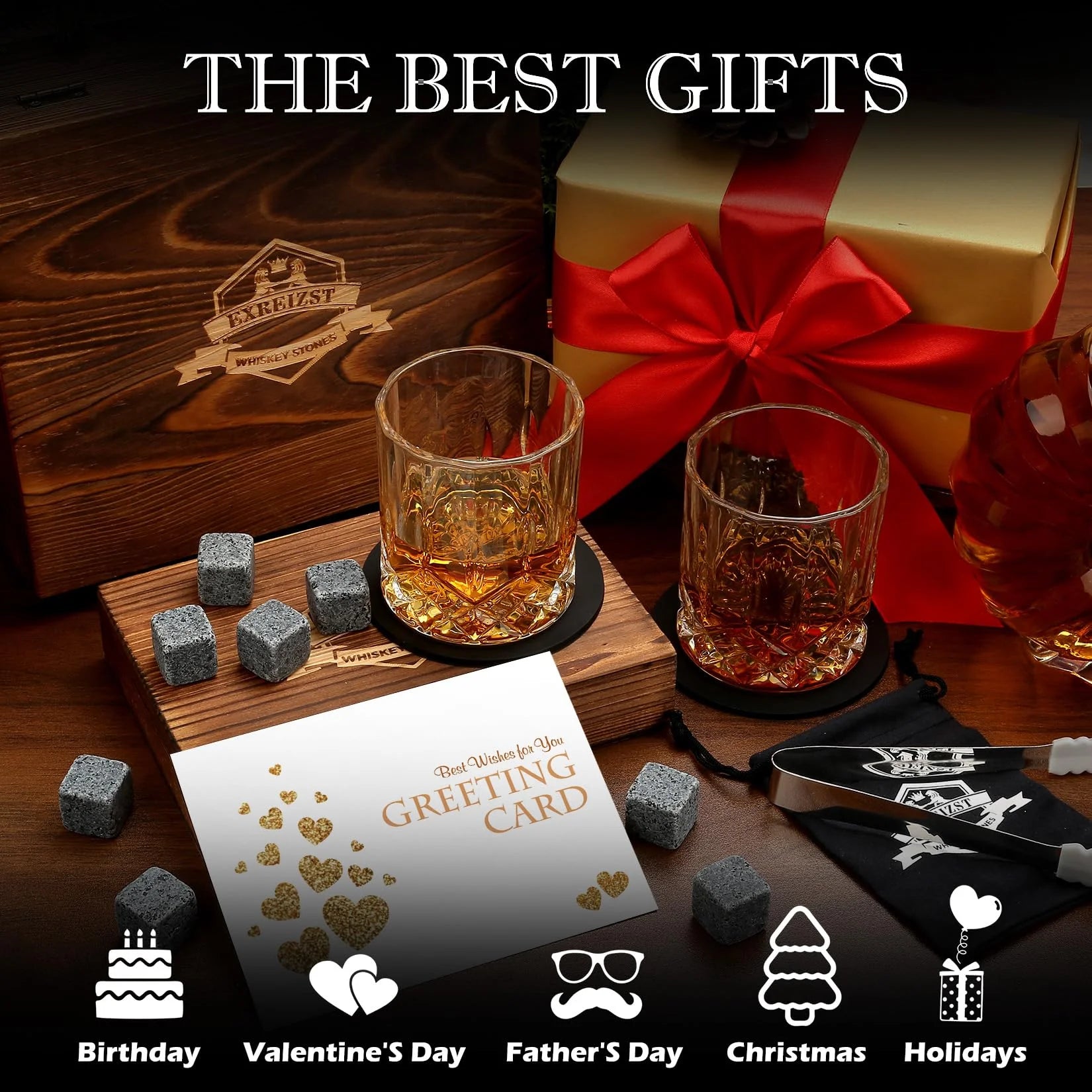 Whiskey Stones Glass Gift Set - Bourbon Scotch Whiskey Glasses Set of 2 - Granite Chilling Rocks in Premium Wooden Box-Best Drinking Gift for Men Dad Husband Father'S Day Birthday Gifts for Him Boss