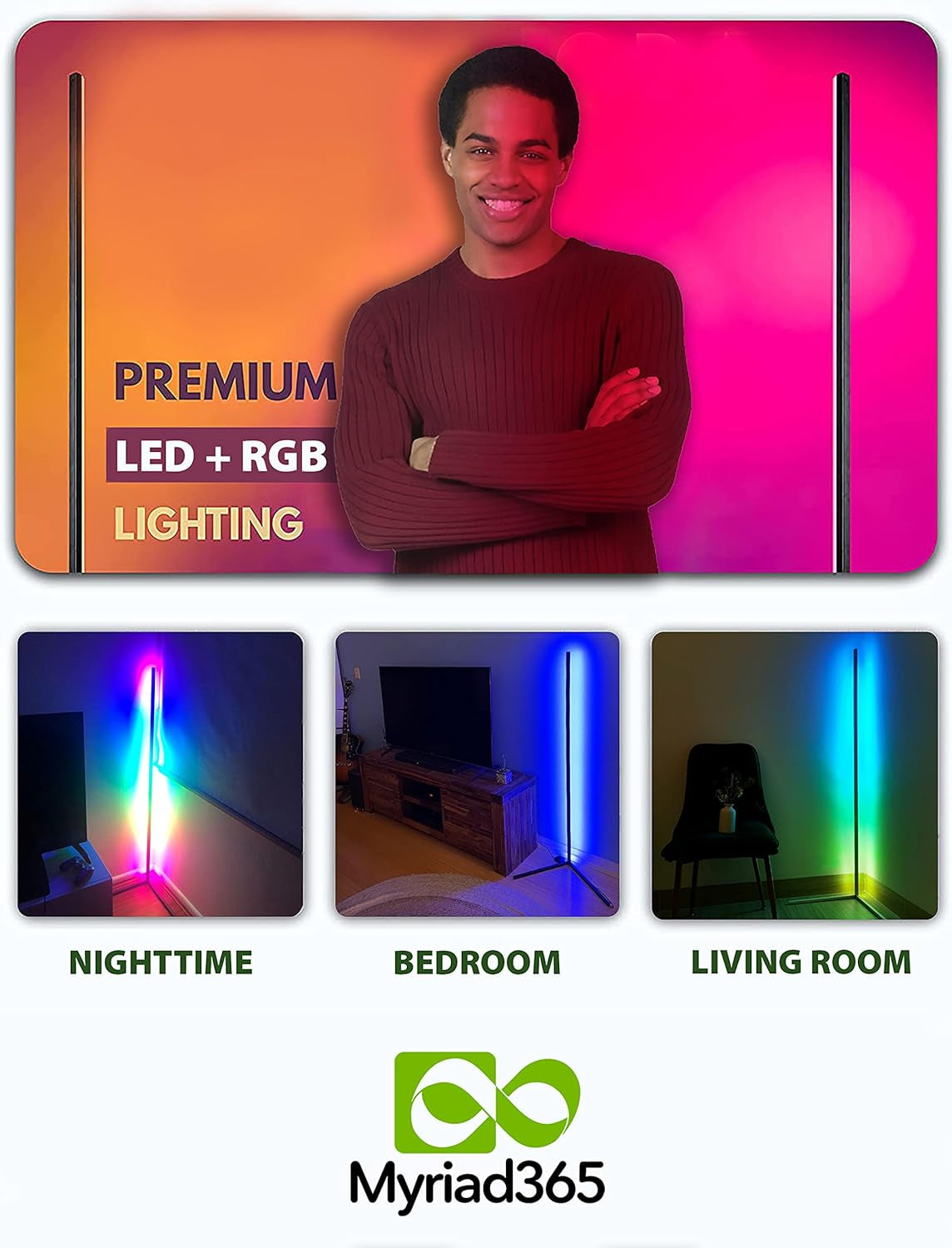 RGB Corner Floor Lamp - LED Color Changing Floor Lamp with Remote Control, 356 Color Modes, Multicolor RGB Lamp, Dimmable Corner Lamp, LED Floor Light - Black