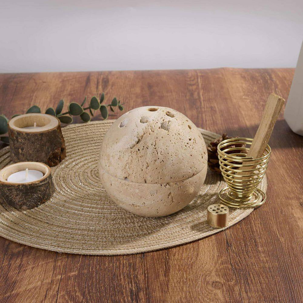 Natural Travertine Stone Incense Burner with Brass Insert for Home Decor