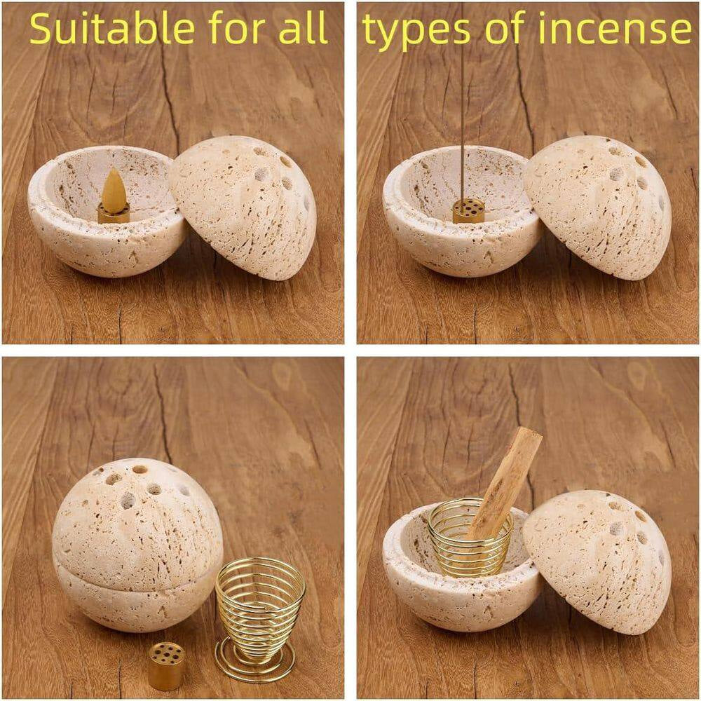 Natural Travertine Stone Incense Burner with Brass Insert for Home Decor