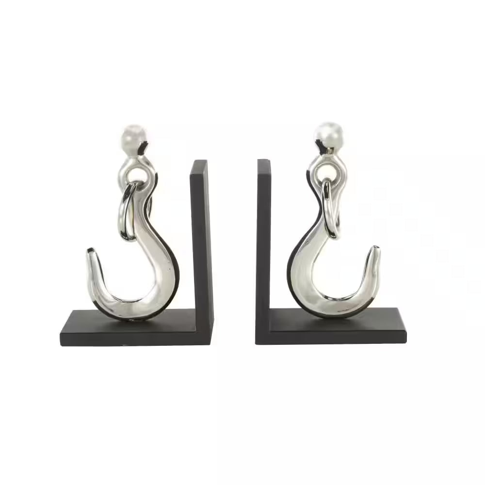 Silver Aluminum Metal Hook Bookends with Black Bases (Set of 2)