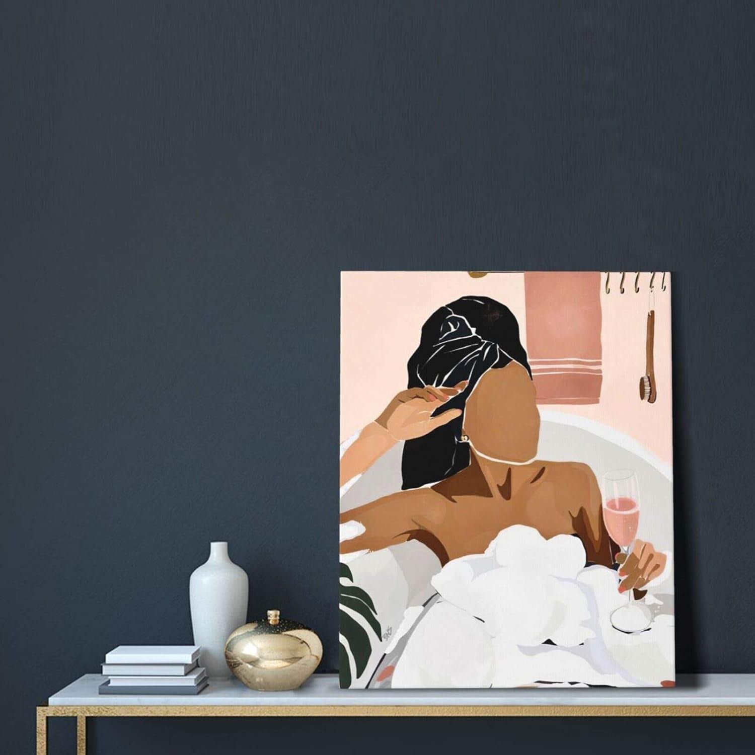 African American Black Wall Art Relaxing Black Women in Bathtub Decor Wall Art Colorful Design Modern Minimalist Painting Artwork Large Giclee Framed Wall Decor for Bathroom Ready to Hang 16X20 Inches