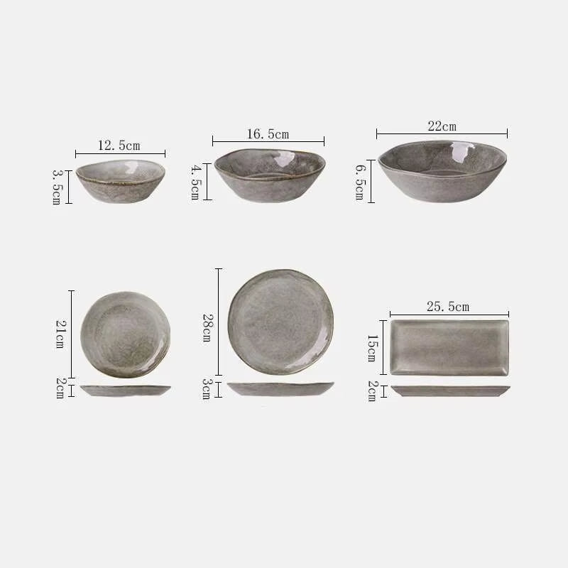 Japanese Ceramic Dinner Plate Rice Bowl Food Tray Retro Gray Tableware Porcelain Fruit Salad Sushi Serving Plate Dinnerware