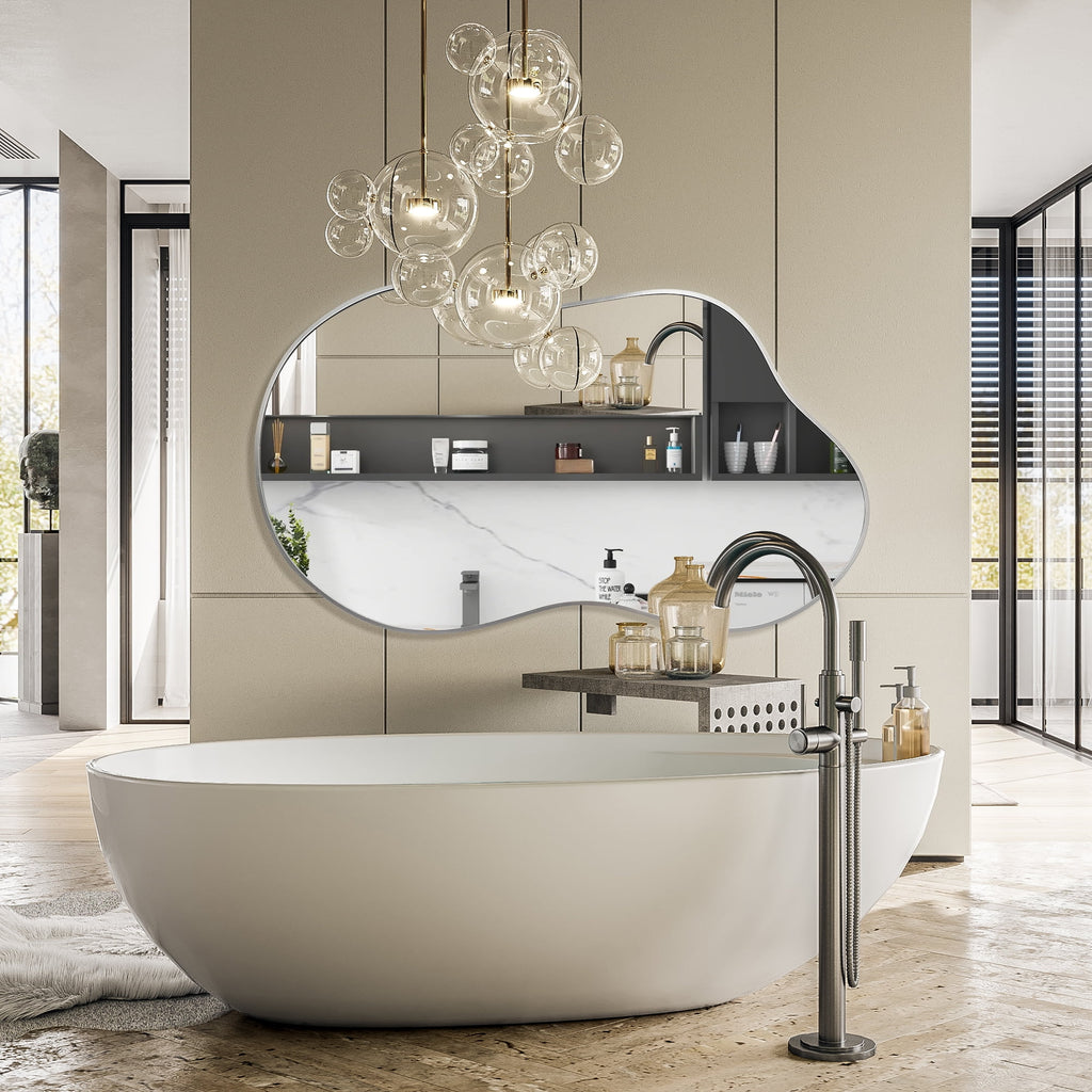 Irregular Wall Mirror 36"X24" Cloud Shaped Mirrors for Bathroom, Silver Aluminum Alloy Frame