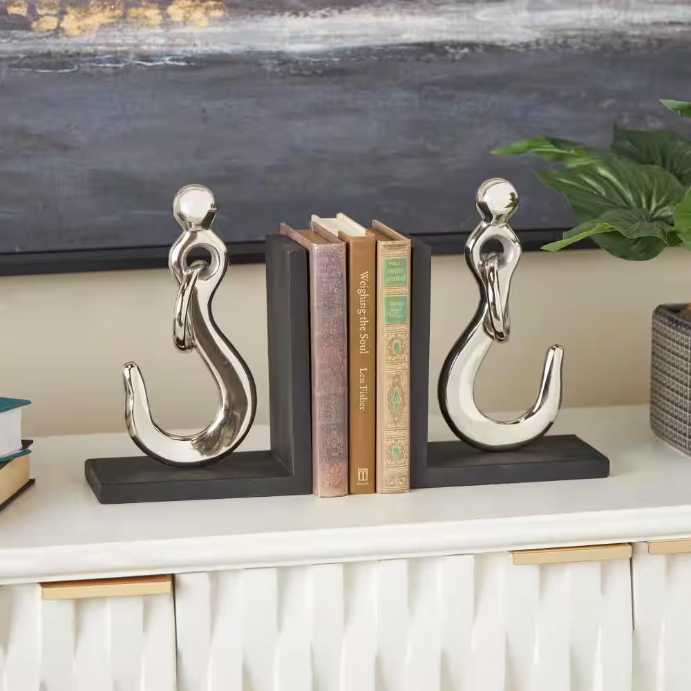 Silver Aluminum Metal Hook Bookends with Black Bases (Set of 2)