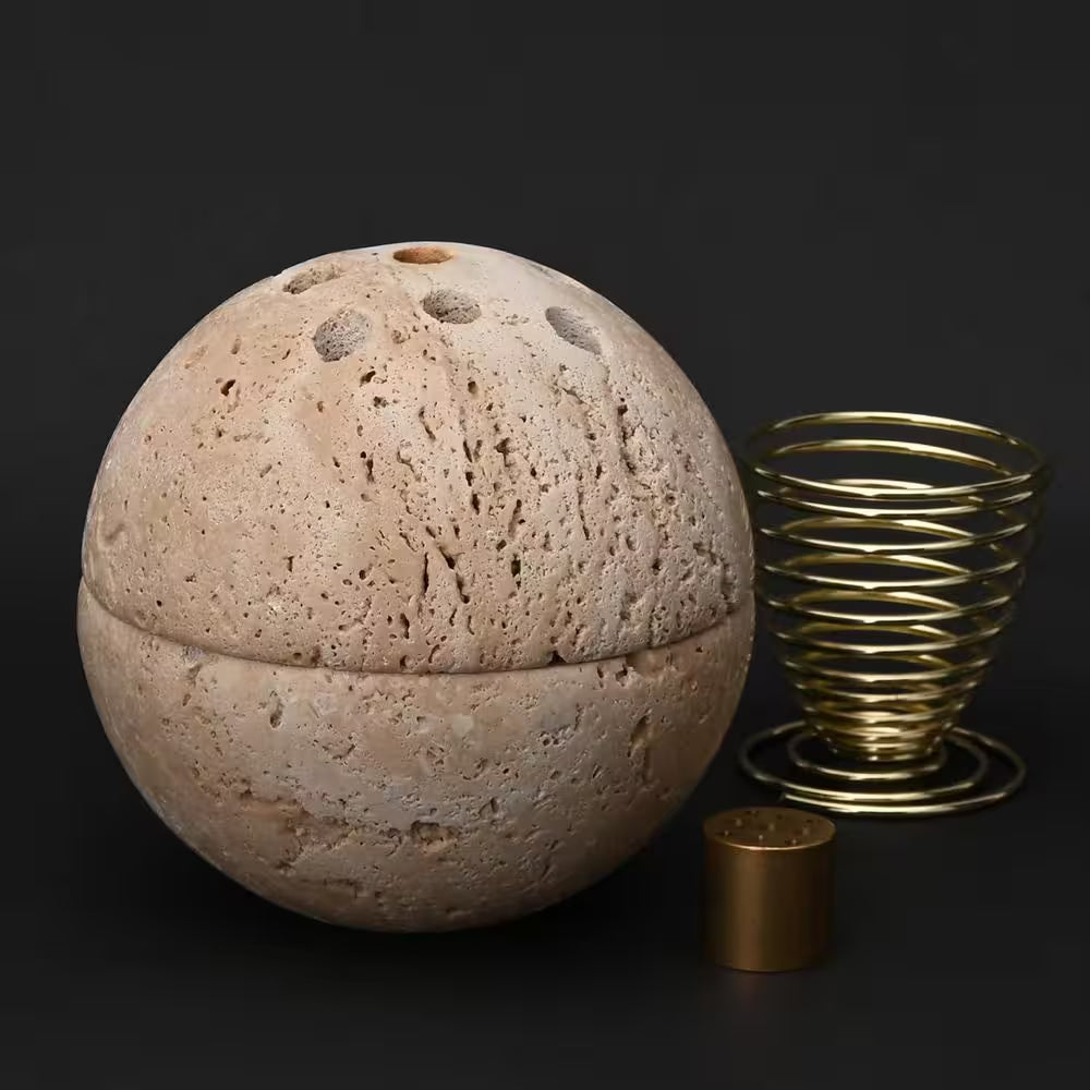 Natural Travertine Stone Incense Burner with Brass Insert for Home Decor
