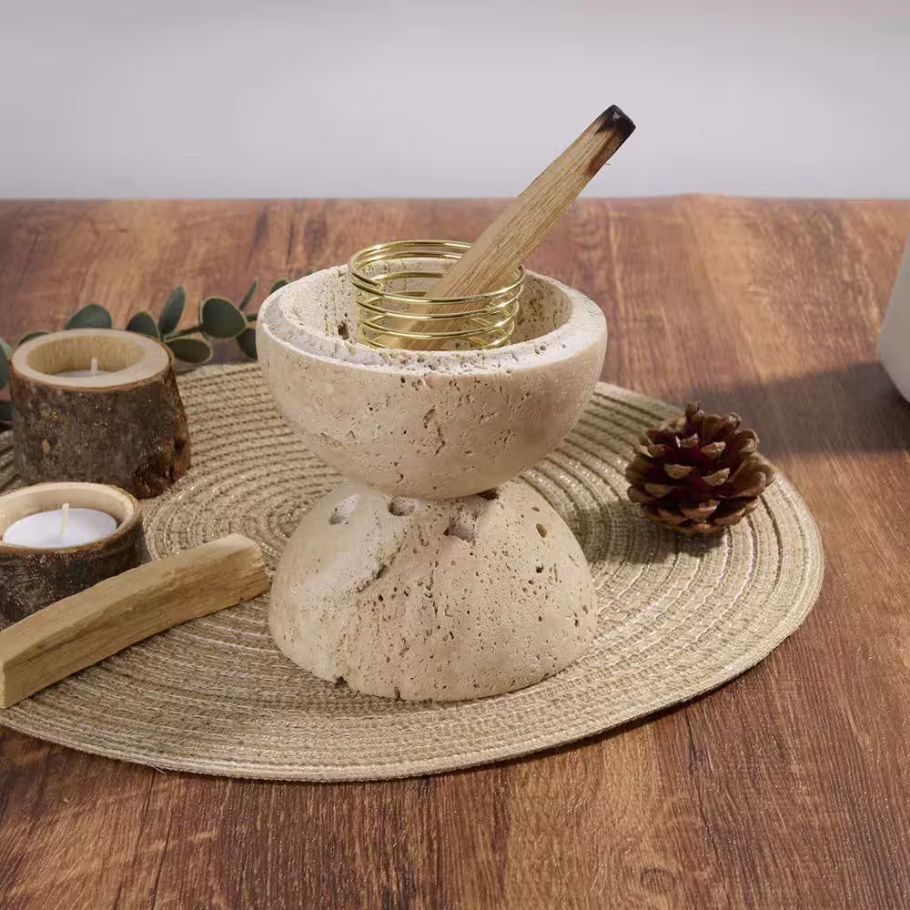 Natural Travertine Stone Incense Burner with Brass Insert for Home Decor