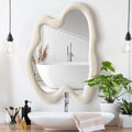 20 In. W X 28 In. H Irregular Beige Flannelette Framed Wall Mirror Asymmetrical Decorative Wall Mirror