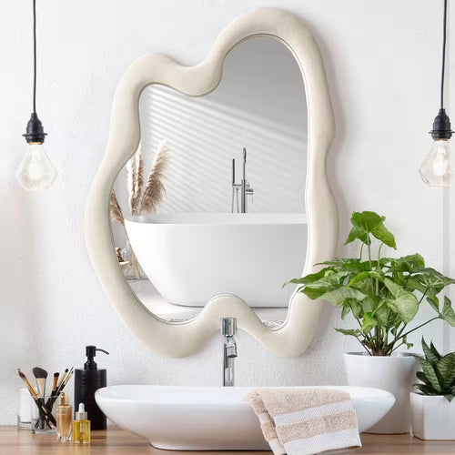 20 In. W X 28 In. H Irregular Beige Flannelette Framed Wall Mirror Asymmetrical Decorative Wall Mirror