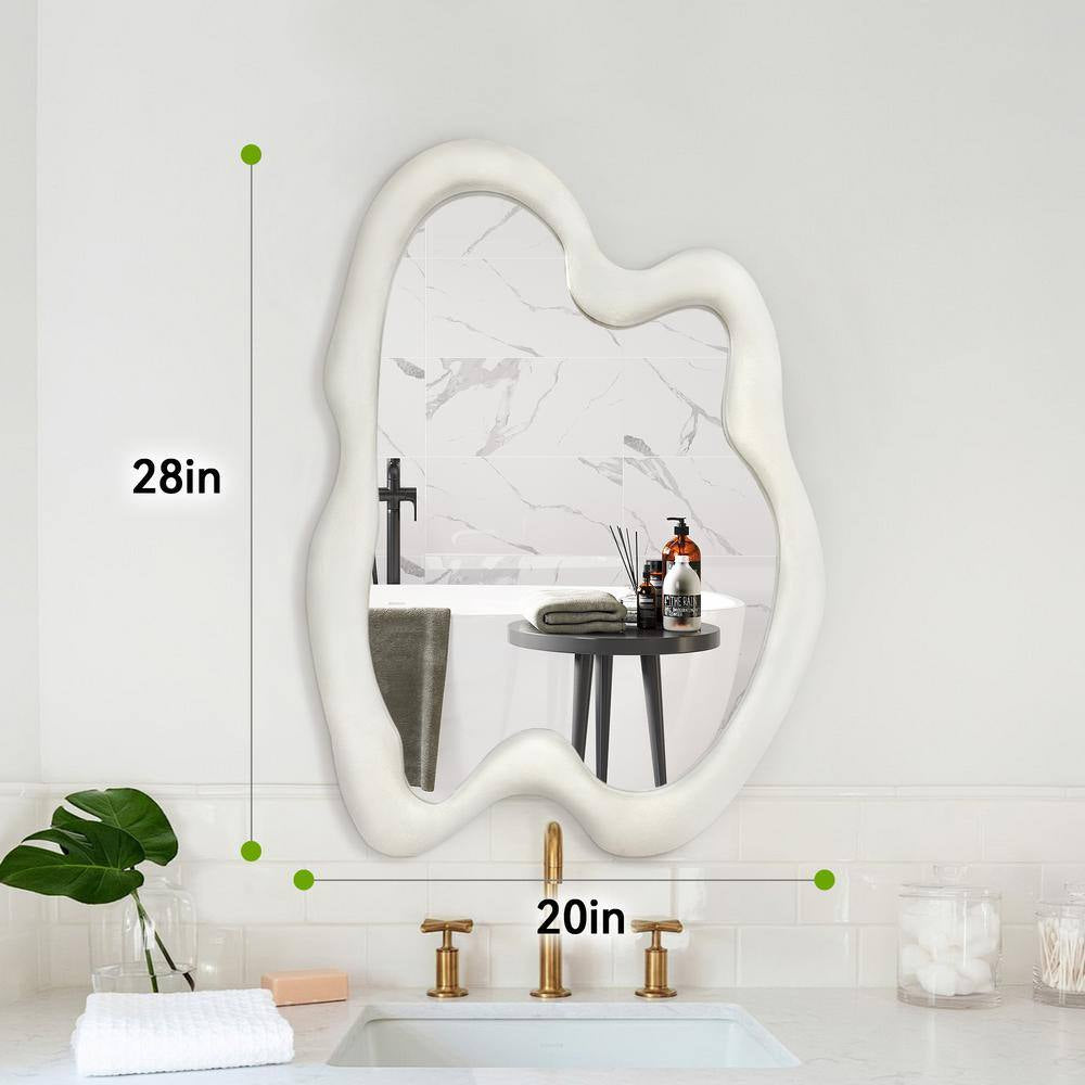 20 In. W X 28 In. H Irregular Beige Flannelette Framed Wall Mirror Asymmetrical Decorative Wall Mirror