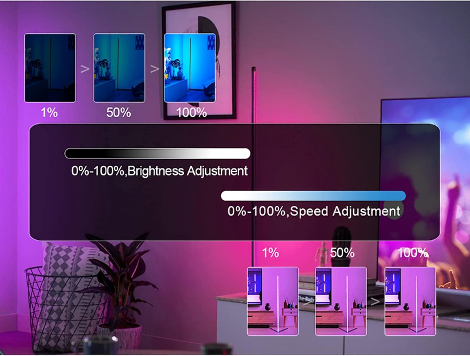 RGB Corner Floor Lamp - LED Color Changing Floor Lamp with Remote Control, 356 Color Modes, Multicolor RGB Lamp, Dimmable Corner Lamp, LED Floor Light - Black