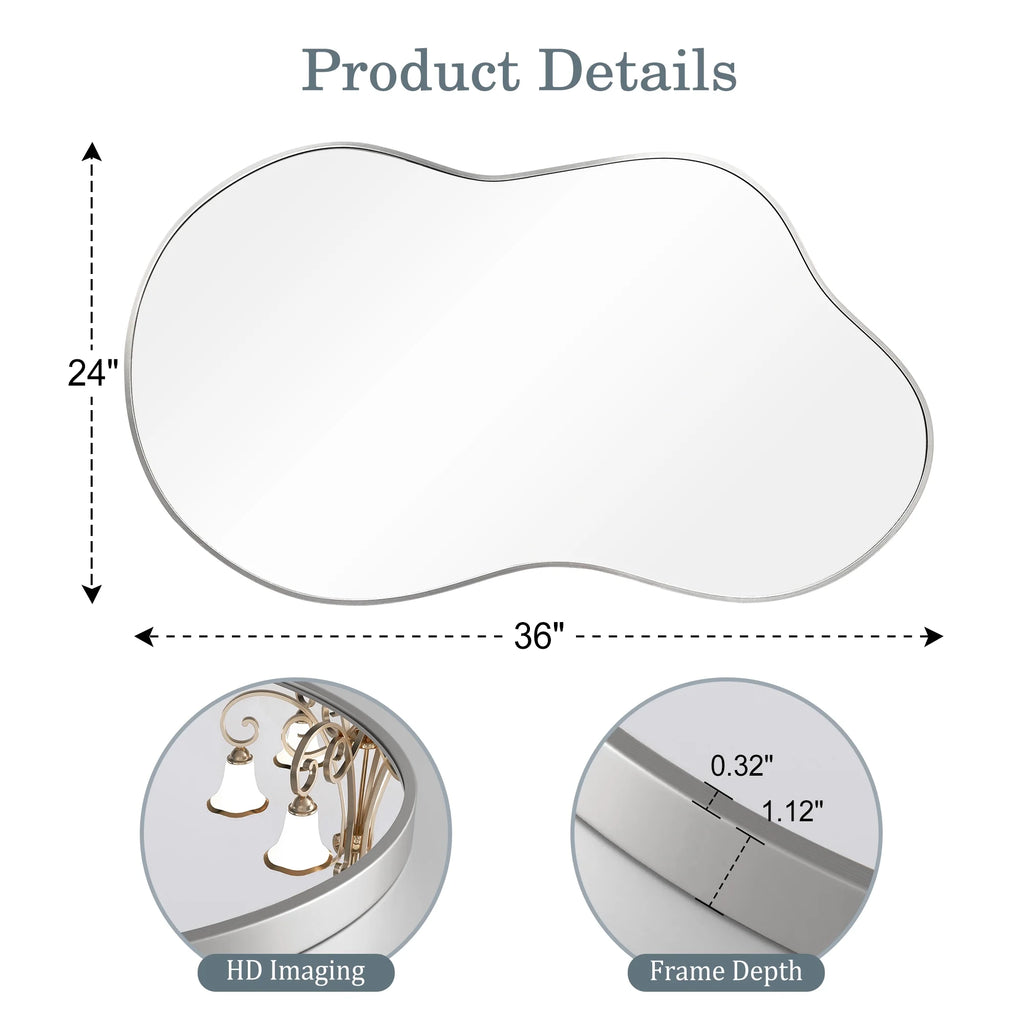 Irregular Wall Mirror 36"X24" Cloud Shaped Mirrors for Bathroom, Silver Aluminum Alloy Frame