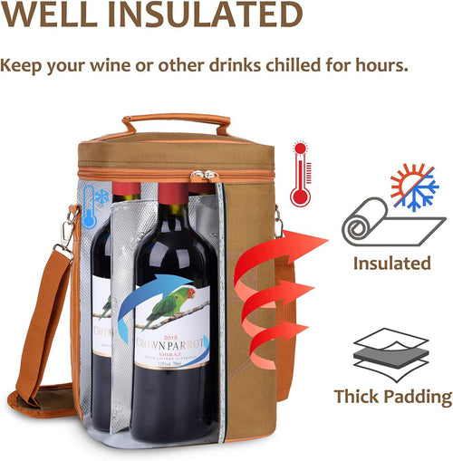 4 Bottle Wine Gift Carrier - Insulated & Padded Portable Wine Carrying Cooler Tote Bag for Travel, BYOB Restaurant, Wine Tasting, Party, Gift for Wine Lovers,Khaki