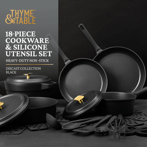 18-Piece Non-Stick Diecast Cookware & Silicone Utensil Set, Pots and Pans Set - Black