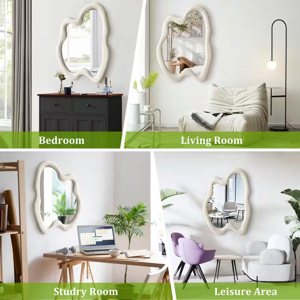 20 In. W X 28 In. H Irregular Beige Flannelette Framed Wall Mirror Asymmetrical Decorative Wall Mirror