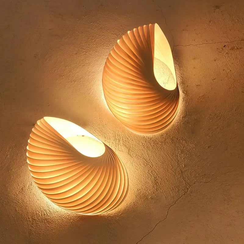Japanese Modern Minimalist Wooden Wall Lamp Conch Art Decorative Wall Sconces Living/Dining Room Bedroom Aisle Staircase Study