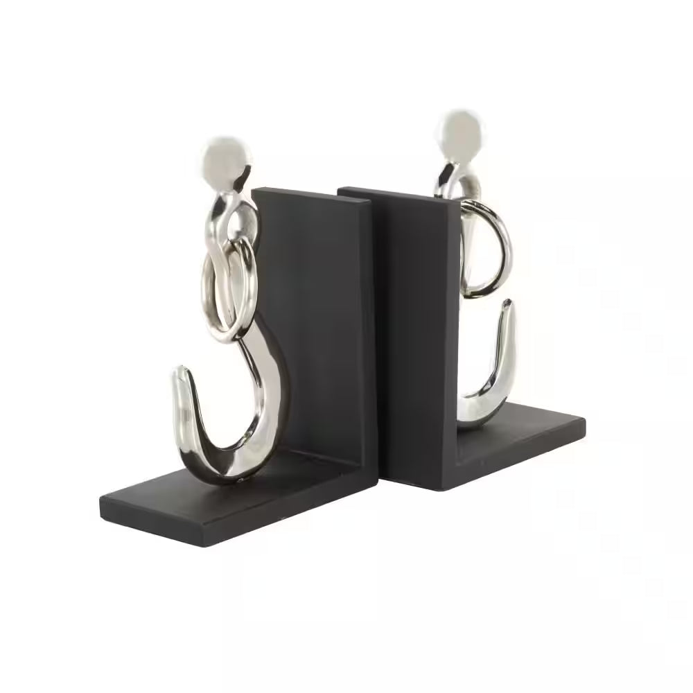 Silver Aluminum Metal Hook Bookends with Black Bases (Set of 2)