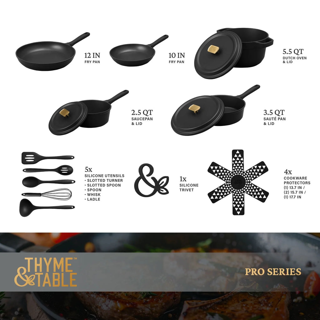 18-Piece Non-Stick Diecast Cookware & Silicone Utensil Set, Pots and Pans Set - Black