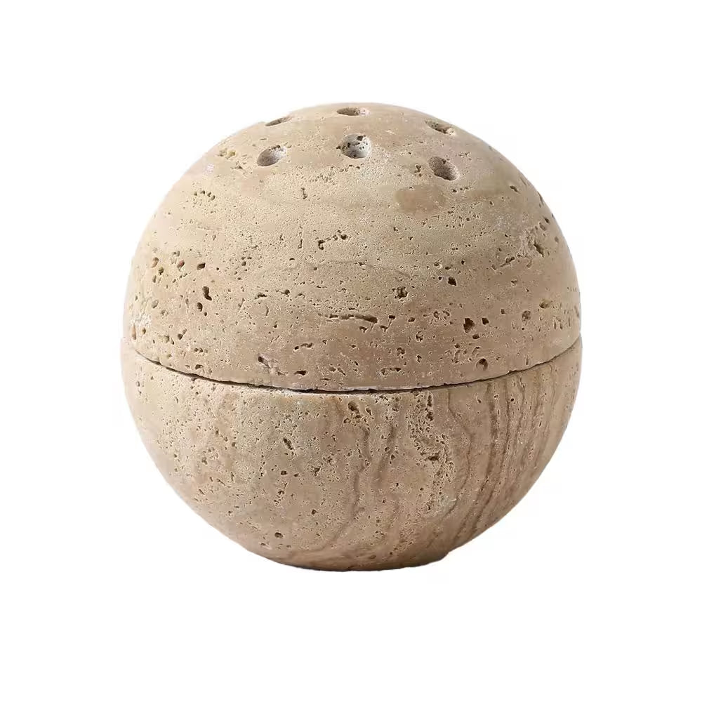 Natural Travertine Stone Incense Burner with Brass Insert for Home Decor