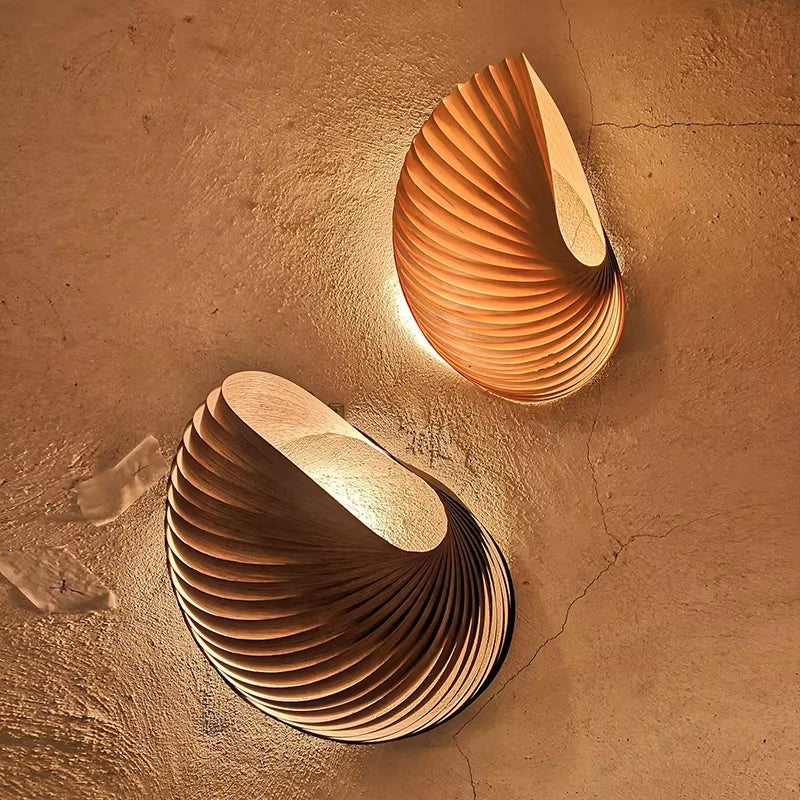 Japanese Modern Minimalist Wooden Wall Lamp Conch Art Decorative Wall Sconces Living/Dining Room Bedroom Aisle Staircase Study