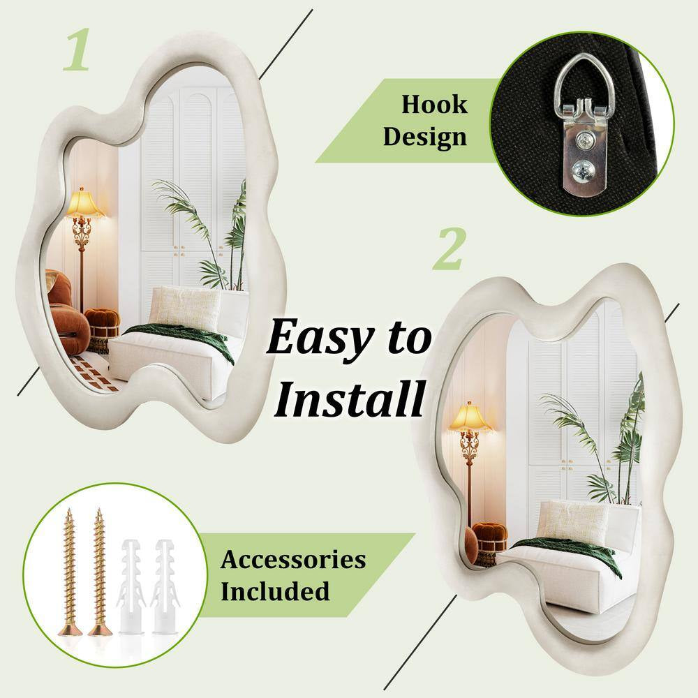 20 In. W X 28 In. H Irregular Beige Flannelette Framed Wall Mirror Asymmetrical Decorative Wall Mirror