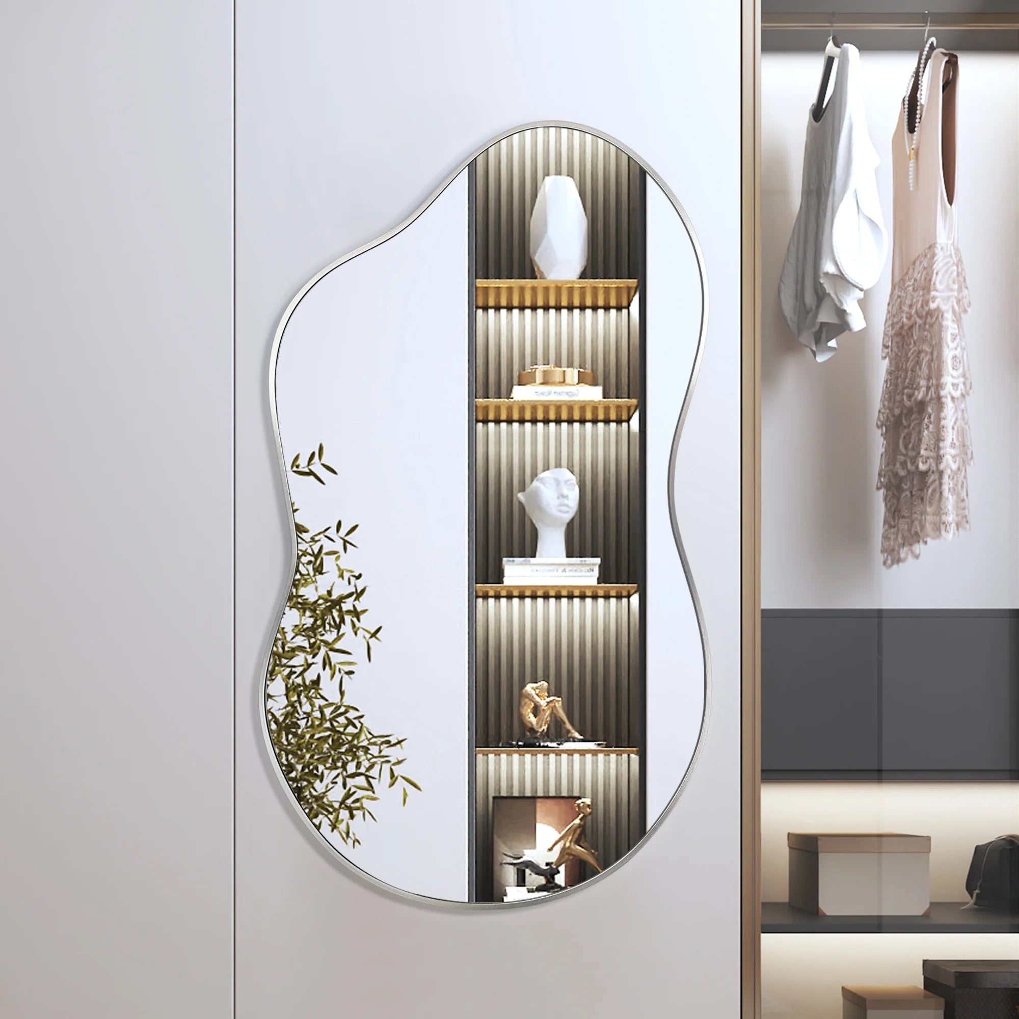 Irregular Wall Mirror 36"X24" Cloud Shaped Mirrors for Bathroom, Silver Aluminum Alloy Frame