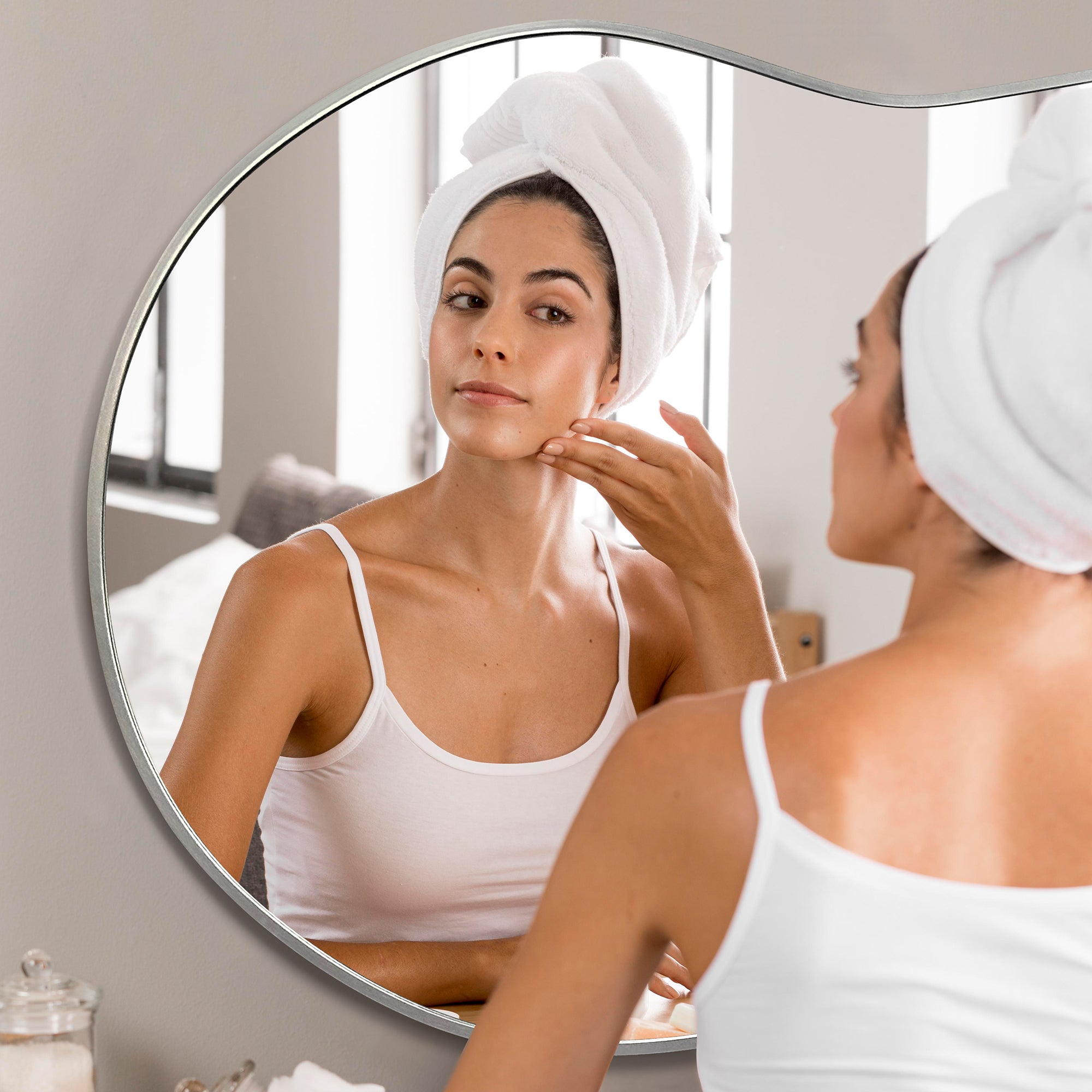 Irregular Wall Mirror 36"X24" Cloud Shaped Mirrors for Bathroom, Silver Aluminum Alloy Frame