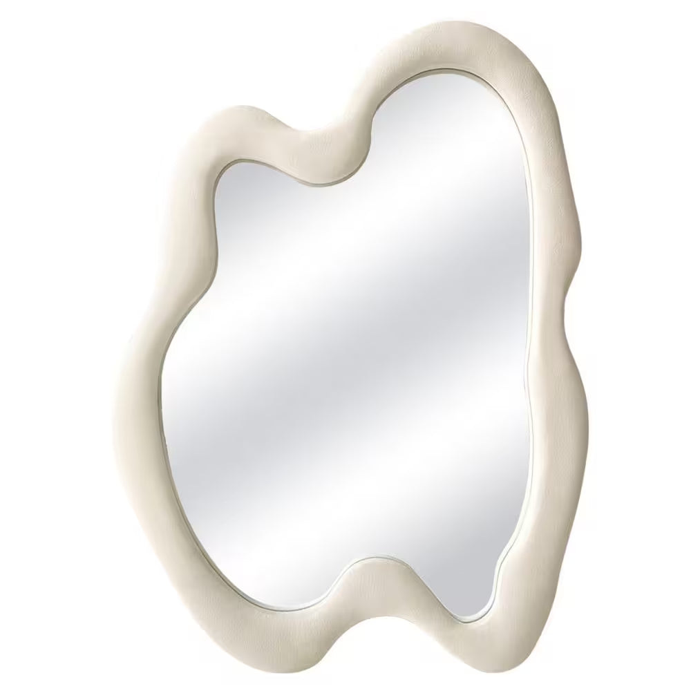 20 In. W X 28 In. H Irregular Beige Flannelette Framed Wall Mirror Asymmetrical Decorative Wall Mirror