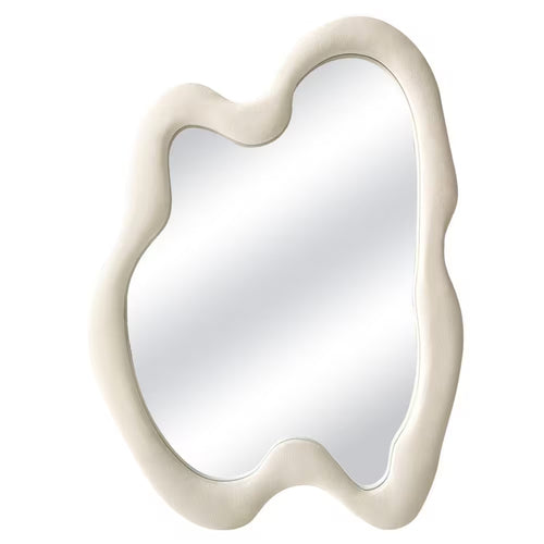 20 In. W X 28 In. H Irregular Beige Flannelette Framed Wall Mirror Asymmetrical Decorative Wall Mirror