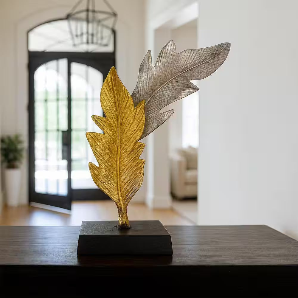 Gold and Silver 12 In. X 10 In. Tall Handmade Aluminum Metal Leaf Sculpture