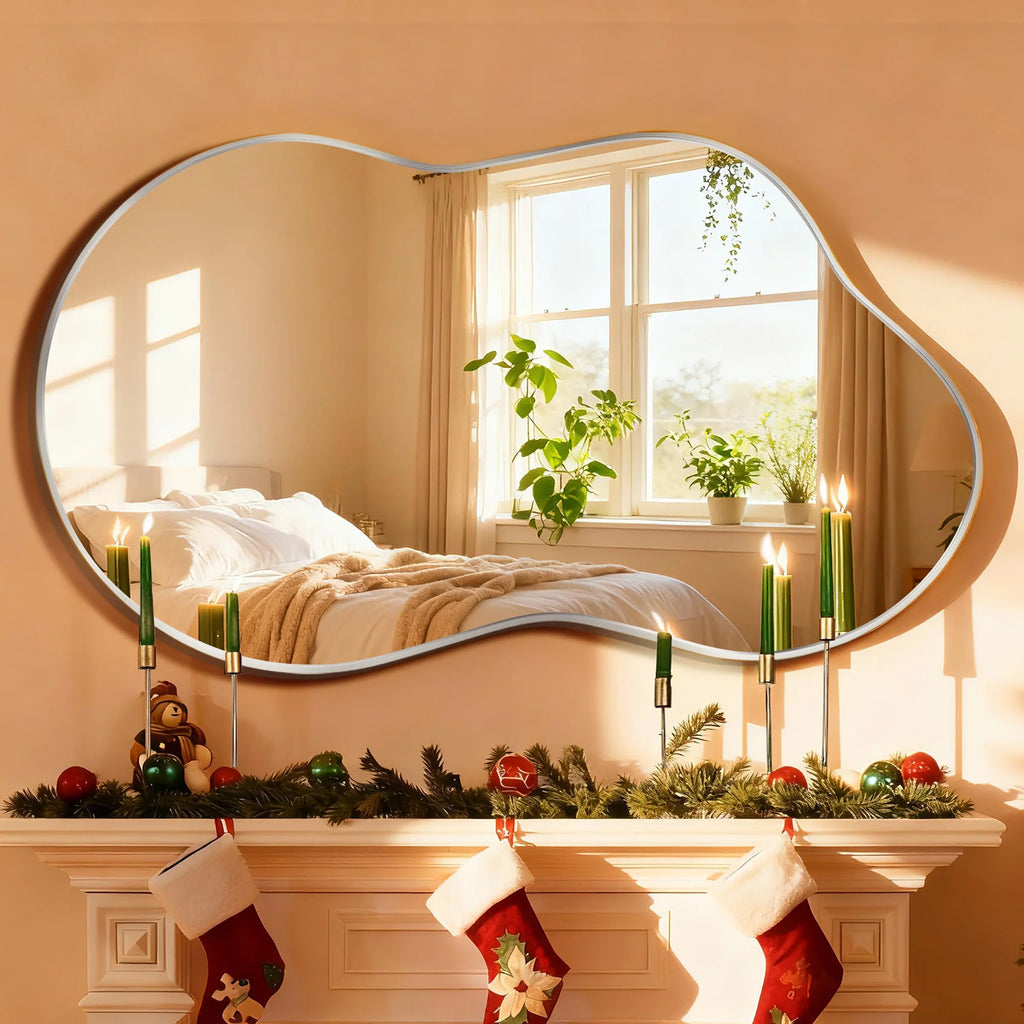 Irregular Wall Mirror 36"X24" Cloud Shaped Mirrors for Bathroom, Silver Aluminum Alloy Frame