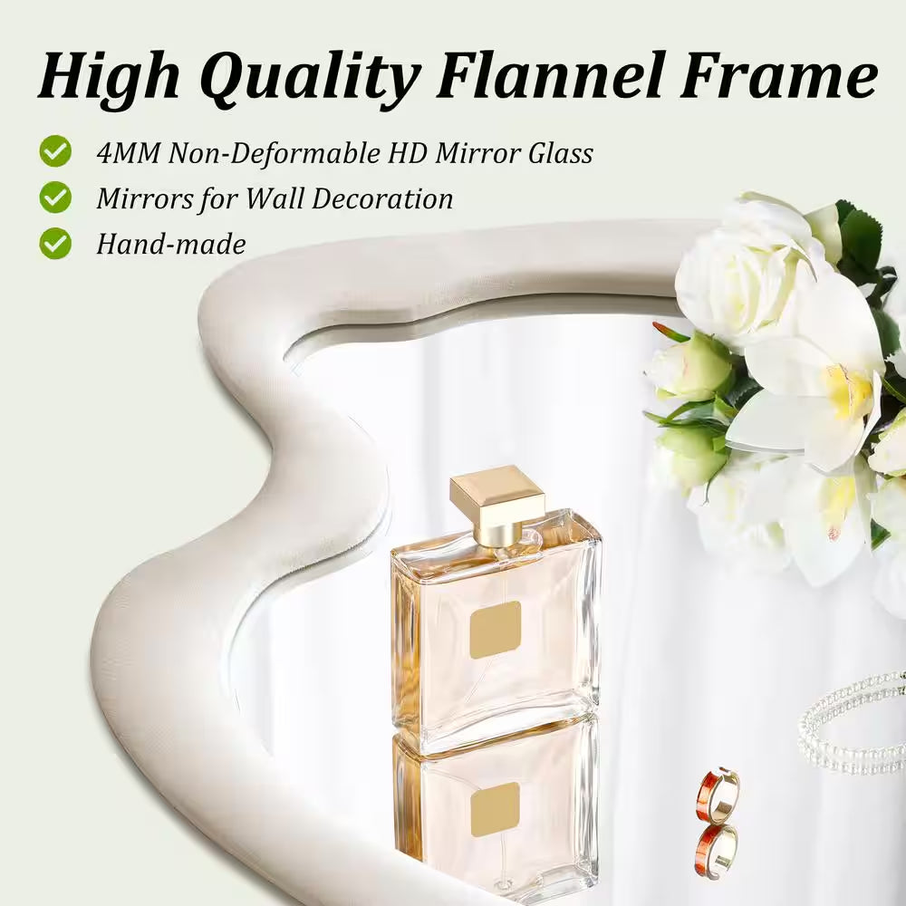 20 In. W X 28 In. H Irregular Beige Flannelette Framed Wall Mirror Asymmetrical Decorative Wall Mirror