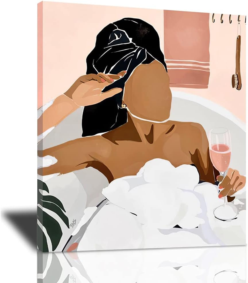 African American Black Wall Art Relaxing Black Women in Bathtub Decor Wall Art Colorful Design Modern Minimalist Painting Artwork Large Giclee Framed Wall Decor for Bathroom Ready to Hang 16X20 Inches