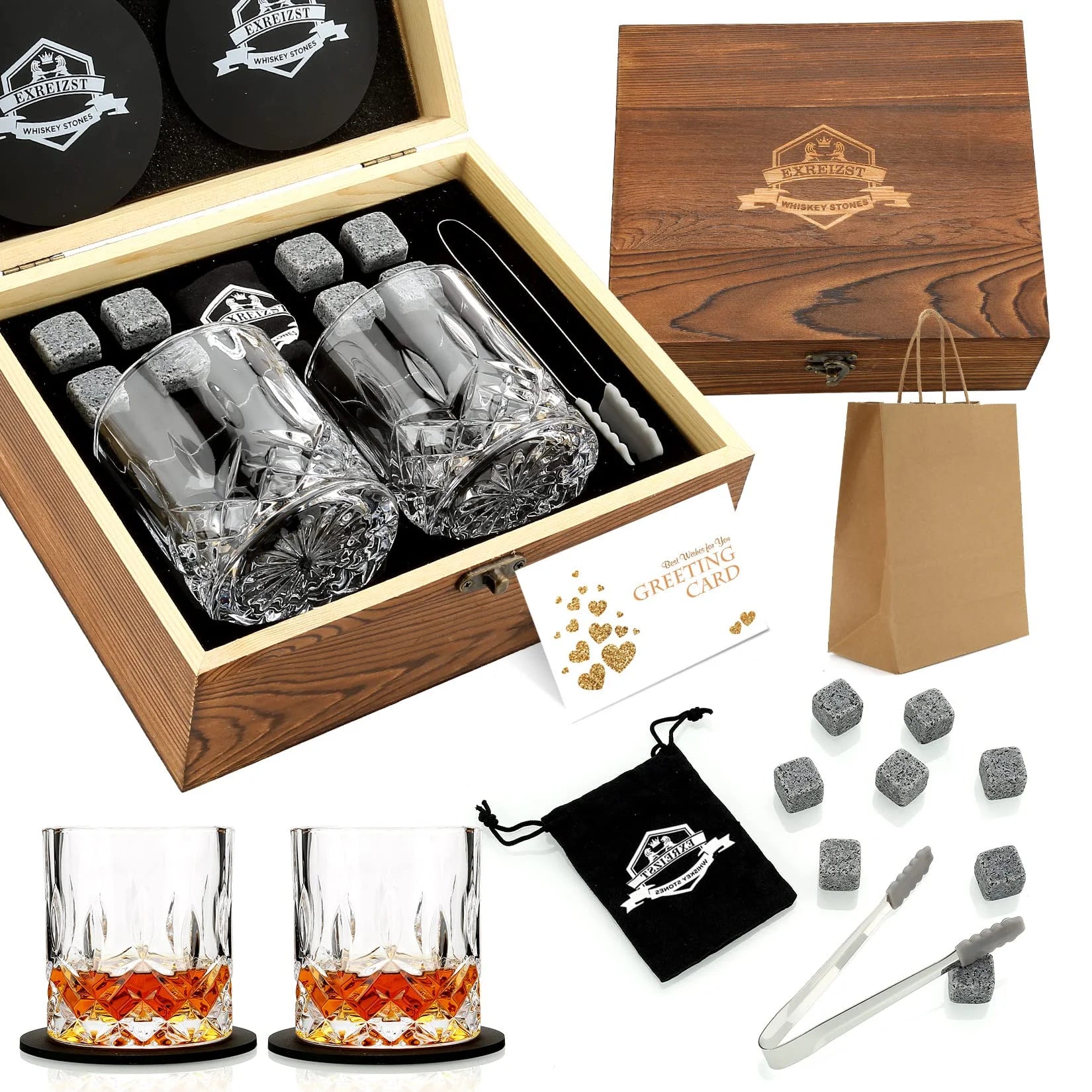Whiskey Stones Glass Gift Set - Bourbon Scotch Whiskey Glasses Set of 2 - Granite Chilling Rocks in Premium Wooden Box-Best Drinking Gift for Men Dad Husband Father'S Day Birthday Gifts for Him Boss
